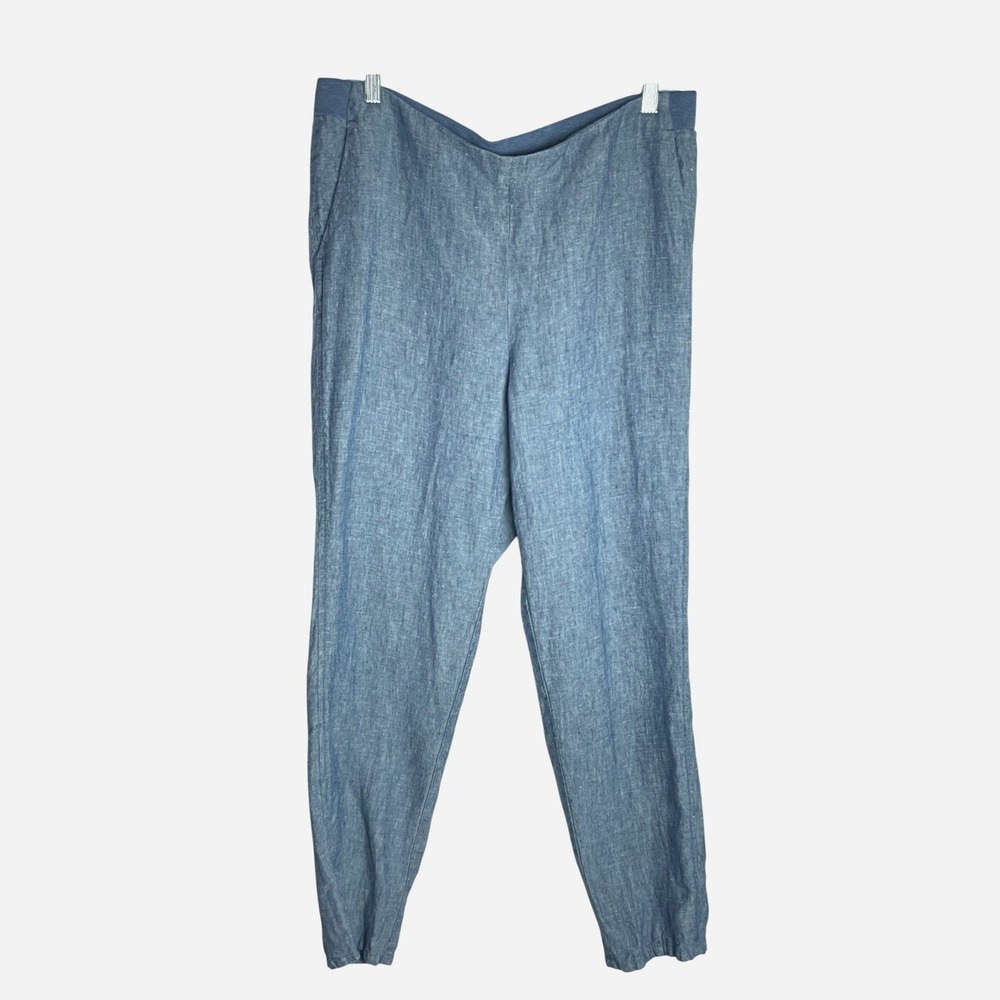 J Jill Womens Love Linen Tapered Pants Sz M Chambray Blue Elastic Waist Pockets